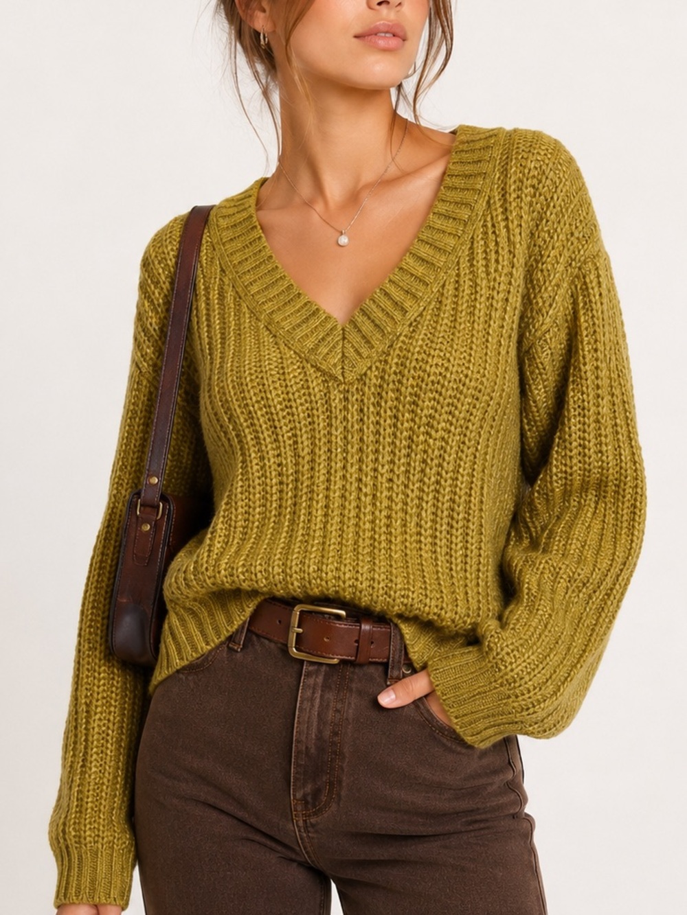 A.N.A Chunky Knit V-Neck Sweater Golden Olive Green Cozy Cottagecore Small